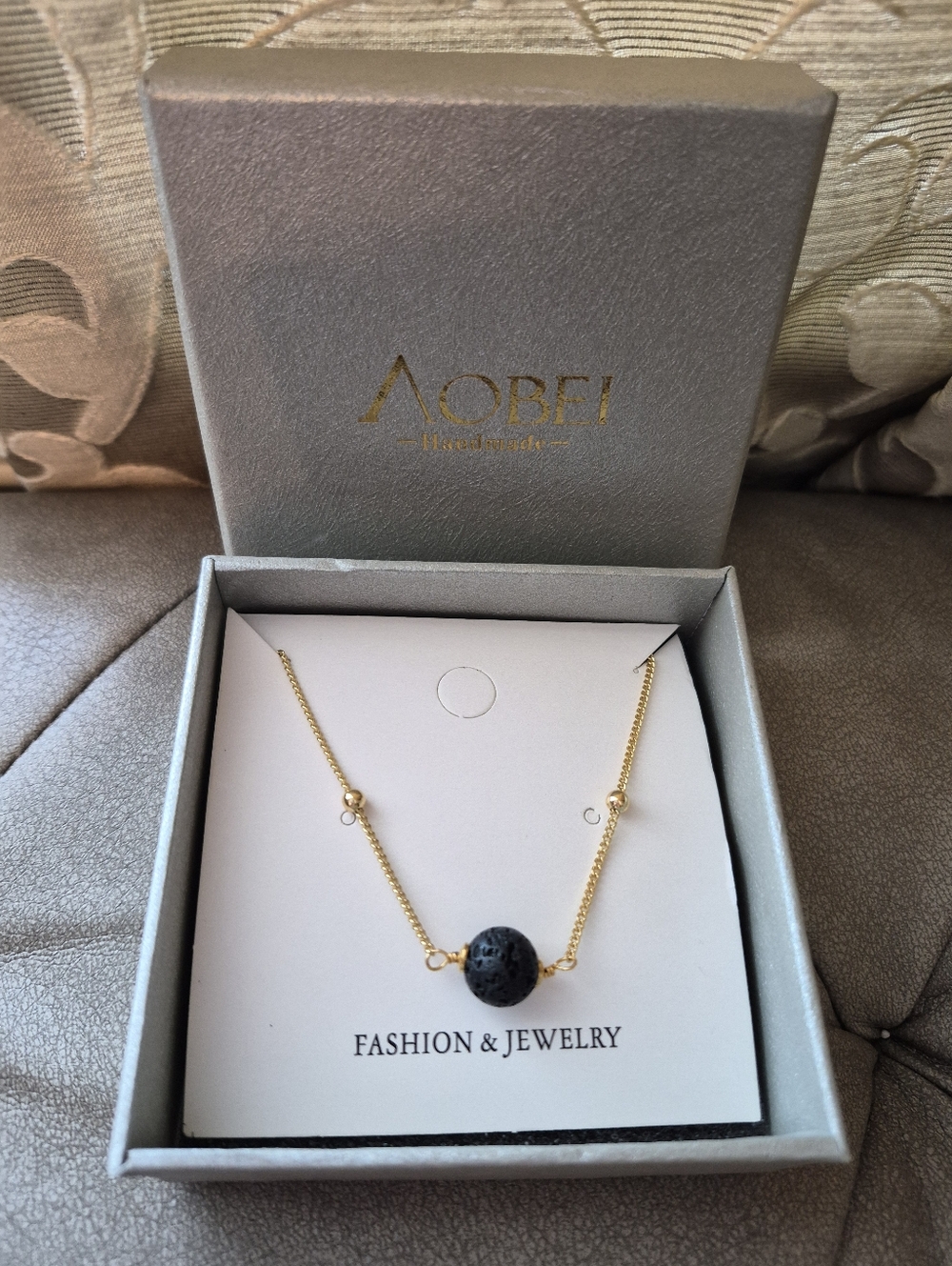 Gold-Tone Chain Necklace w/black Lava Stone Pendant